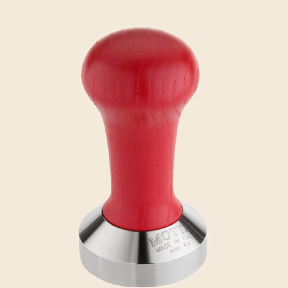 Motta Tamper Edelstahl mit Holzgriff rot in 49mm, 57mm, 58mm plan & 58mm gewölbt erhältlich