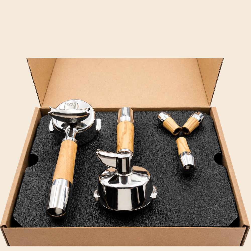 ECM Olivenholz Griffset mit Edelstahl Filterträgern für Kippventil Maschinen