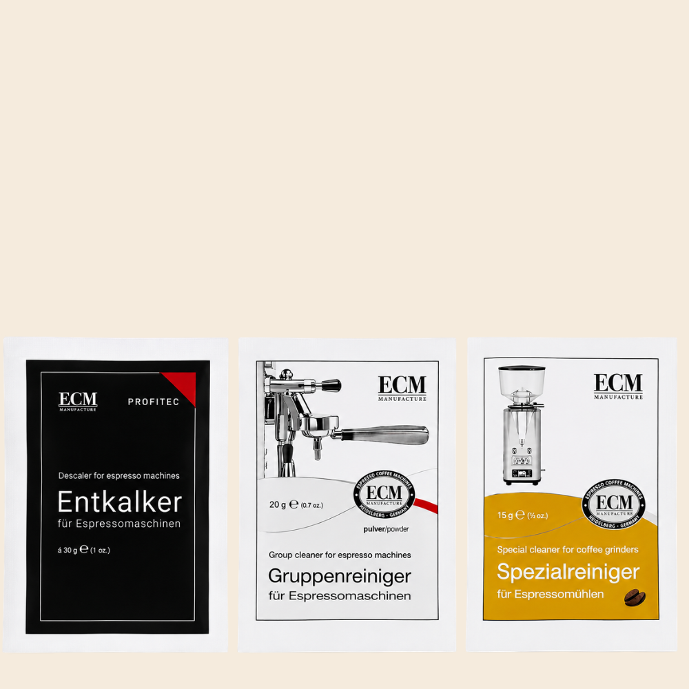 ECM Probierset mit Entkalker, Gruppen- & Mühlenreiniger für Siebträgermaschine und Espressomühle