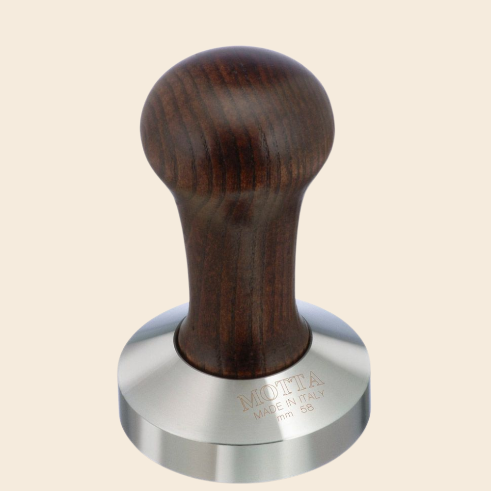 Motta Tamper Edelstahl mit Holzgriff braun 58mm plan